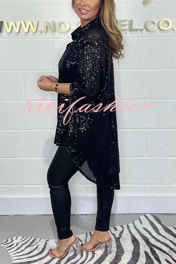 Party Season Solid Color Sequin Button Long Sleeve High Low Shirt