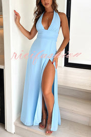 Sexy V-neck Backless Waist Tie High Slit Maxi Dress