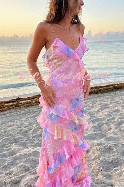 Multicolor Tie-dye Sexy Backless Wave-hem Strap Maxi Dress