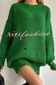 Solid Color Loose Ripped Knitted Mid-length Sweater