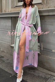 Karty Satin Unique Print Long Sleeve Belt Lapel Kimono Cover-ups