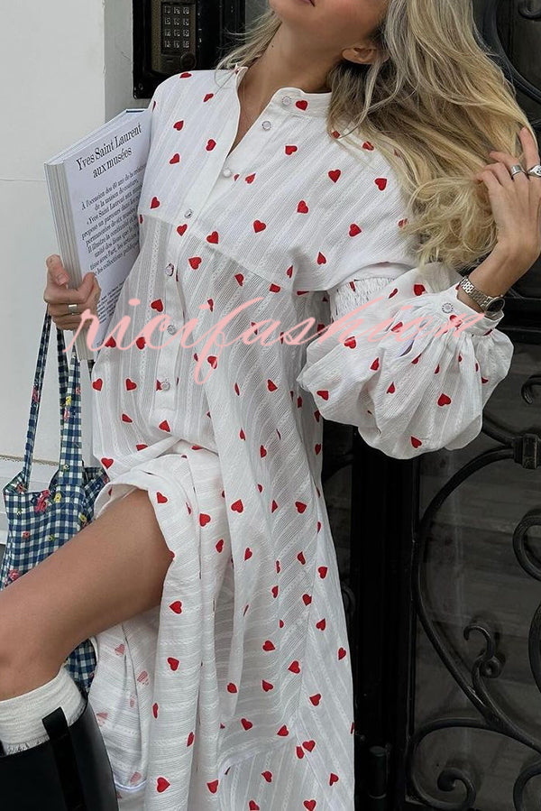 Cute Heart Print Puff Sleeve Loose Shirt Style Maxi Dress