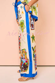 Vibrant Beach Satin Unique Print Colorblock Trim Elastic Waist Pocketed Wide Leg Pants