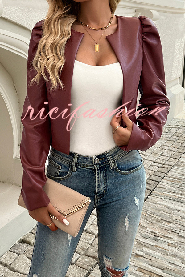 Yelissa Faux Leather Statement Long Sleeve Open Front Crop Jacket