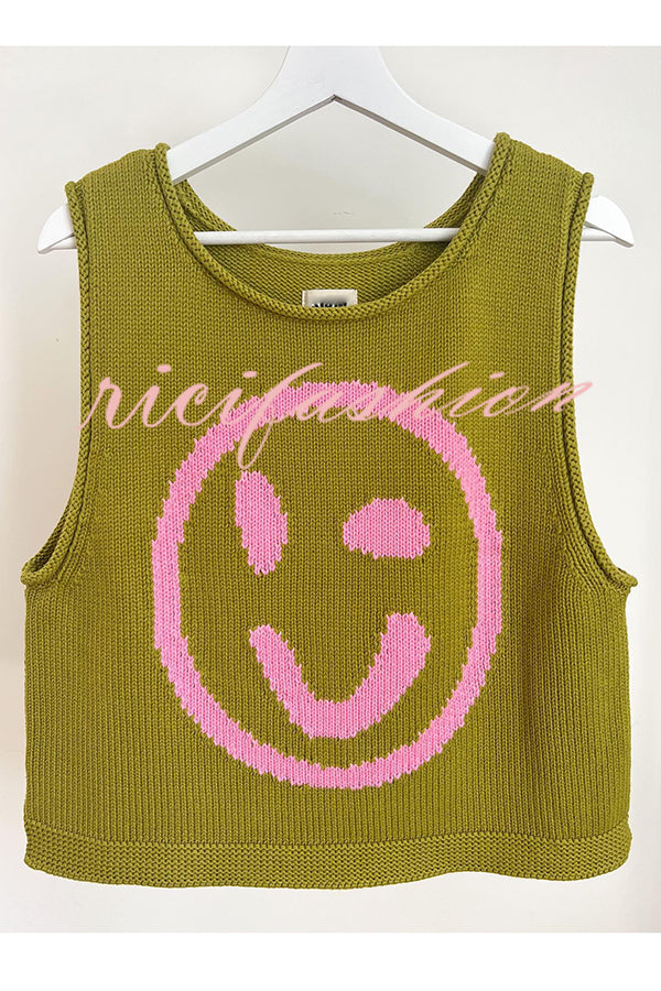 Always Happy Face Knit Unique Pattern Versatile Loose Tank Top