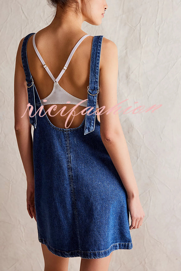 Solid Color Sleeveless V-neck Pocket Adjustable Denim Suspender Mini Dress