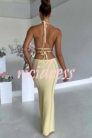 Effortlessly Cool and Sexy Knit Crochet Cutout Halter Tie-up Stretch Maxi Dress