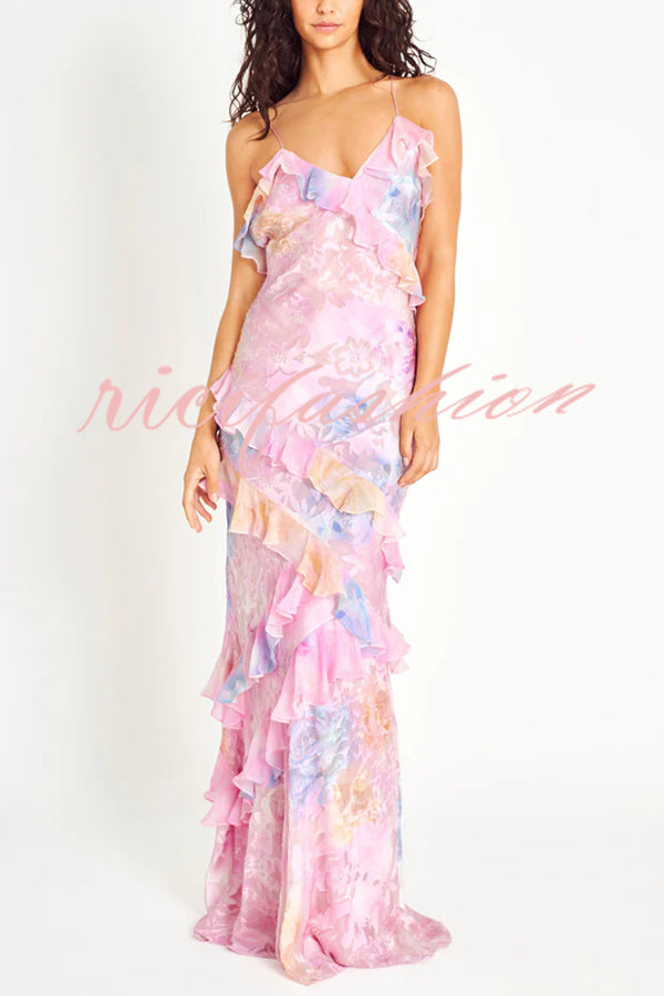 Multicolor Tie-dye Sexy Backless Wave-hem Strap Maxi Dress