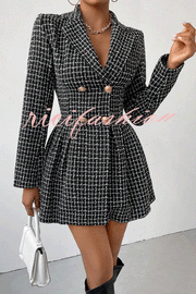 Plaid Print Lapel Long Sleeve Office Mini Dress