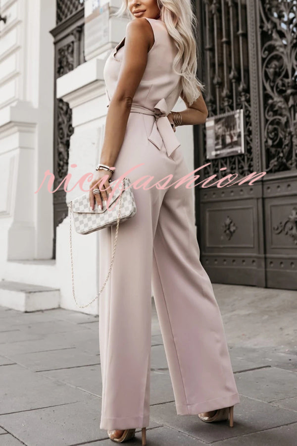 Make Your Entrance Lapel Belt Pocketed Wide Leg Formal Jumpsuit