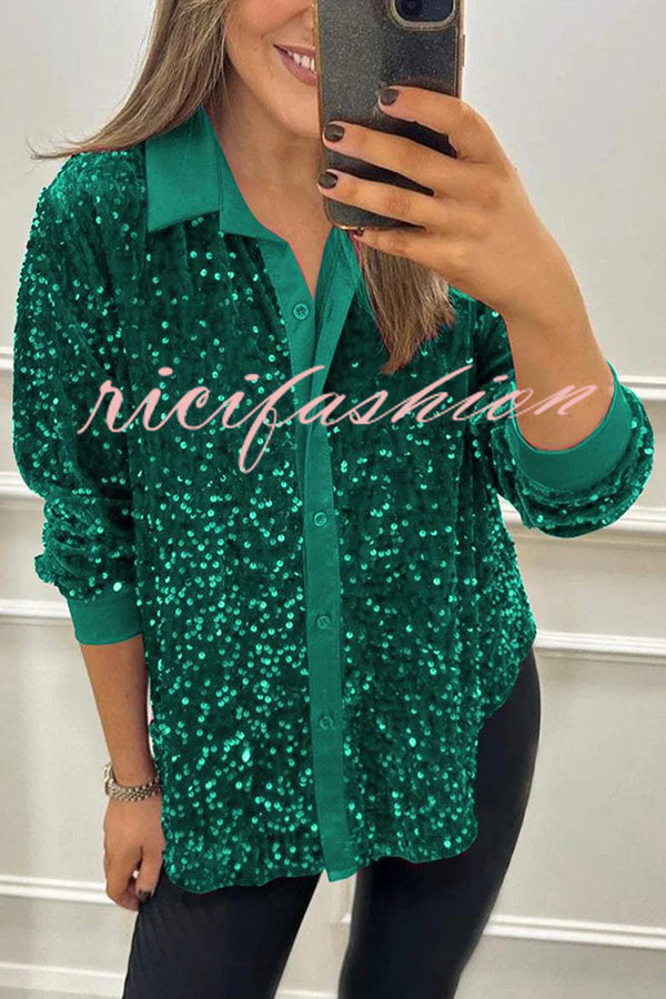 Fashion Velvet Sequined Loose Casual Long-sleeved Shirt