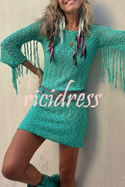 Wandering Angel Boucle Material Tassel Sleeve Stretch Vacation Mini Dress