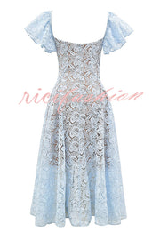 Romantic Atmosphere Bluebell Lace Butterfly Sleeve Sweetheart Neck Stretch Midi Dress