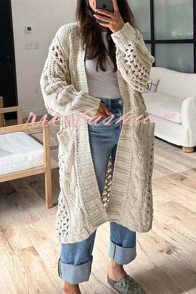 Jamila Knit Cable Cotout Long Sleeve Pocket Oversized Midi Cardigan