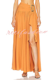 Vacation Chic Chiffon High Rise Flowy Asymmetrical Drape Maxi Skirt