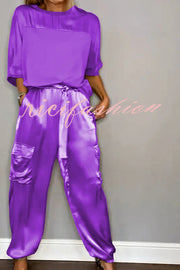 Calissa Smooth Satin Half-sleeved Top and Elastic Waist Pocket Pants Set