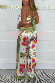 Parrot Satin Unique Print Scarf Tank and Elastic Waist Wide Leg Pants Set