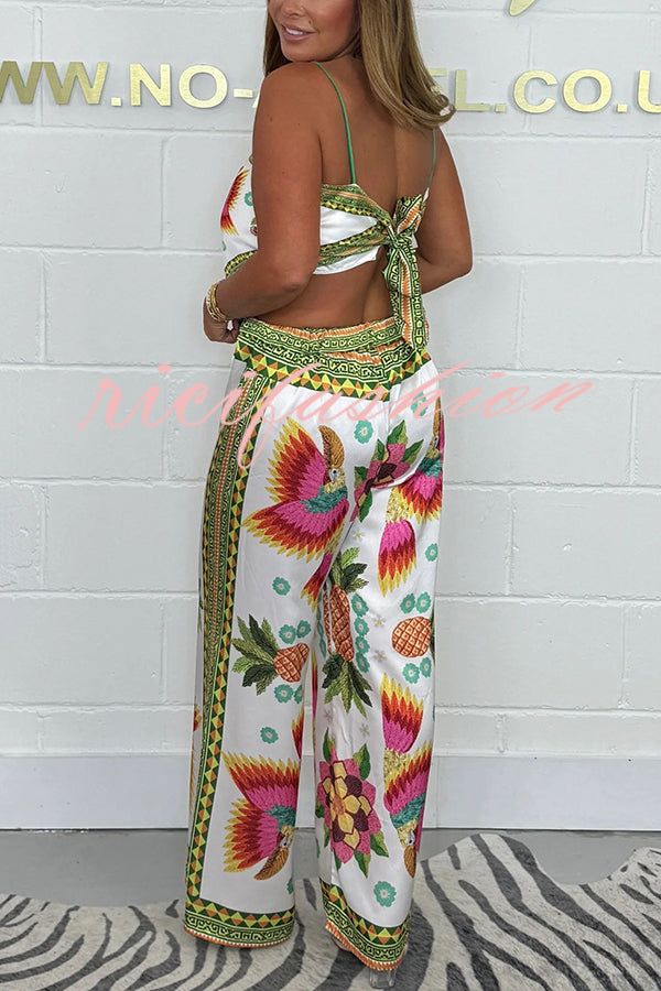 Parrot Satin Unique Print Scarf Tank and Elastic Waist Wide Leg Pants Set