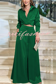 Satin Solid Color Lapel Long Sleeve Blouse and Loose-fitting Pocket Wide Leg Pants Set