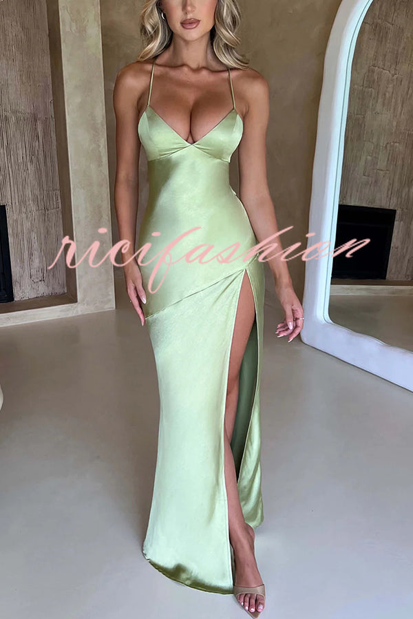 Satin Solid Color Sexy Backless Lace Up High Slit Maxi Dress