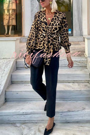 Janae Leopard Print Front Tie-up Lantern Sleeve Casual Blouse