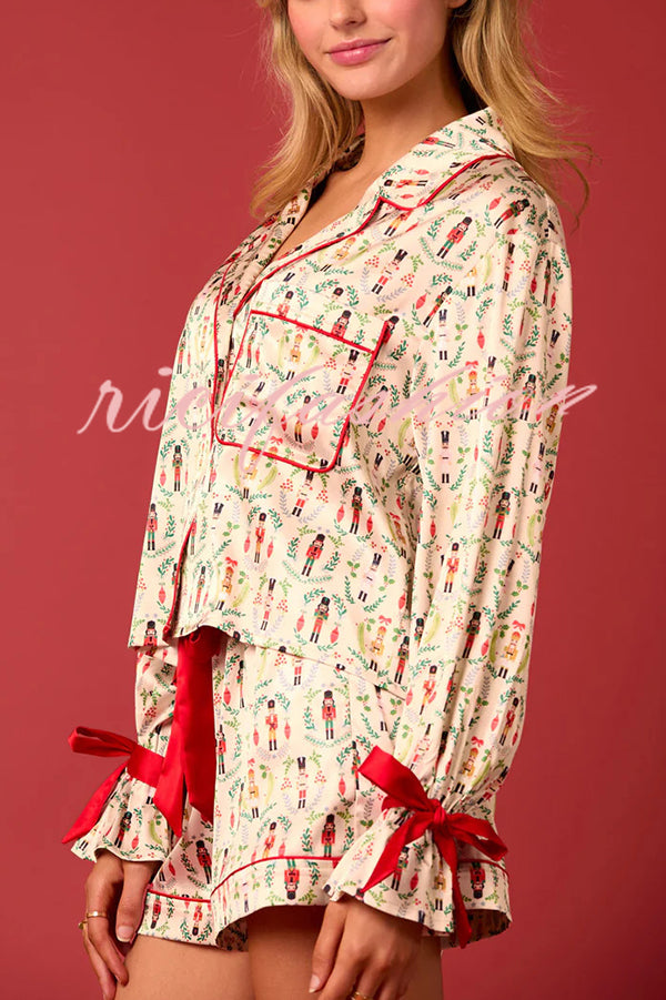 Christmas Print Lace-up Cuff Top and Elastic Waistband Pocket Casual Shorts Set