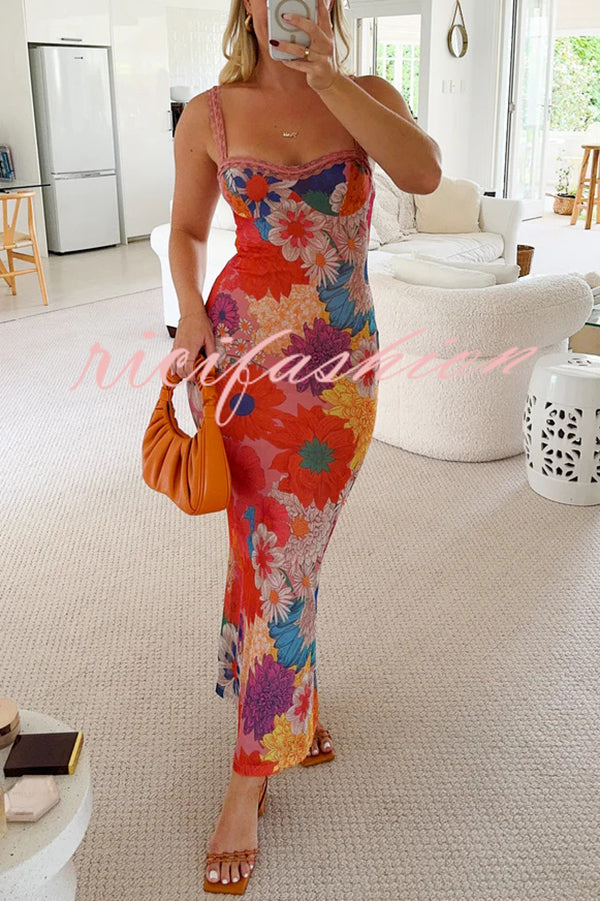 Floral Print Lace Trim Sexy Strapless Backless Slim Fit Maxi Dress