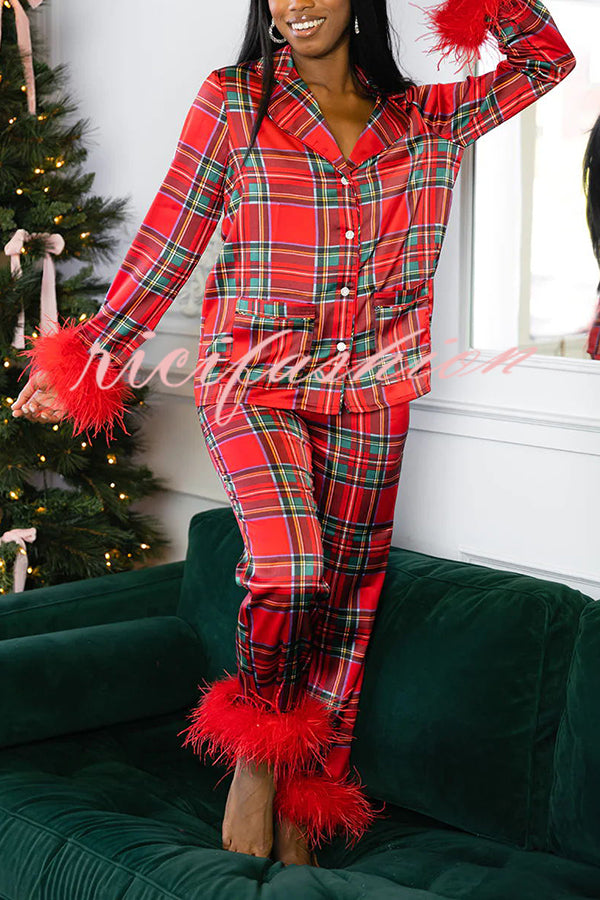 Christmas Besties Party Printed Feather Trim Elastic Waist Pocketed Pajama Set