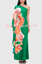 Elegance and Grace Satin Dragon Print One Shoulder Drape Sleeve Maxi Dress