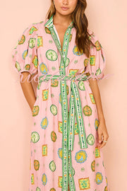 Orla Unique Print Balloon Sleeves Printed Belt Pocket Midi Dress