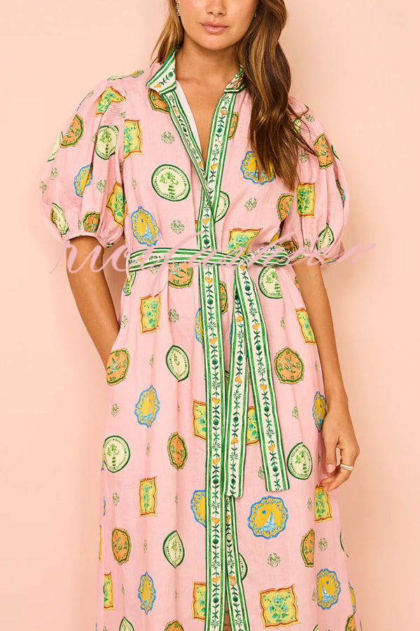 Orla Unique Print Balloon Sleeves Printed Belt Pocket Midi Dress