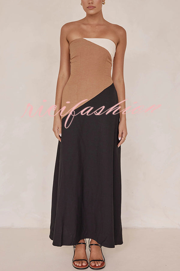 Calissa Asymmetrical Colour Block Strapless Pocketed A-line Maxi Dress