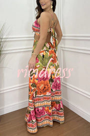 Mexico Style Tropical Print Ring Cutout Lace-up Vacation Maxi Dress