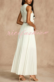 Stylish Rosette Sleeveless Tank Top and Pleated Maxi Skirt Set