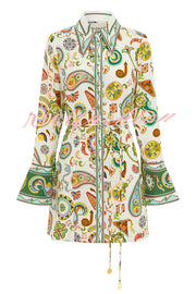 Mila Linen Blend Unique Print Shaped Collar Tie-up Waist Shirt Mini Dress