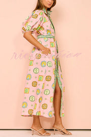 Orla Unique Print Balloon Sleeves Printed Belt Pocket Midi Dress