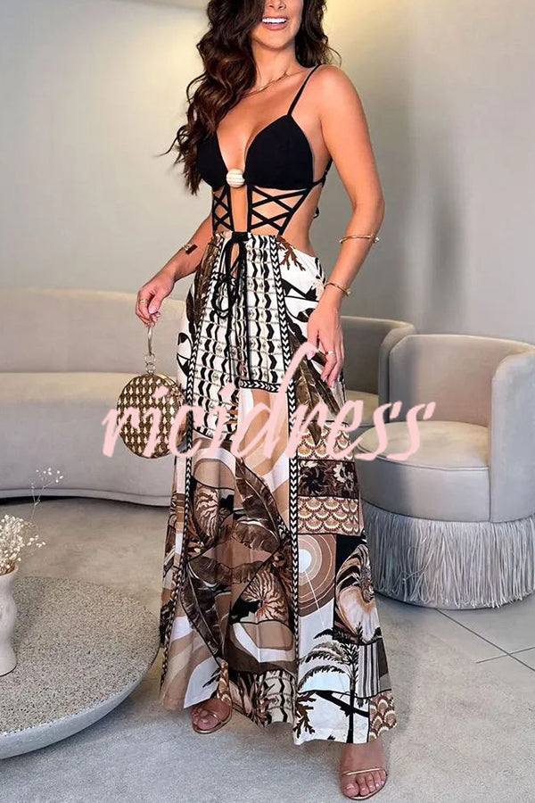 Tulum Dreaming Strap Cross Design Patchwork Printed Elastic Waist Backless Jumpsuit