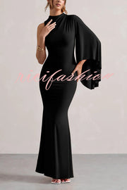 Ready When You Are High Neck One Ruffle Sleeve Maxi Dress