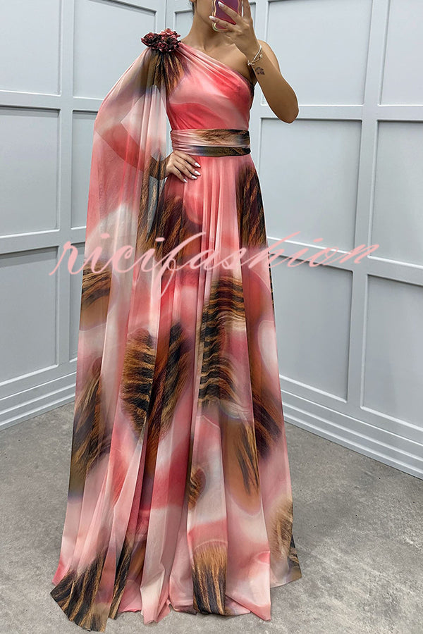 Lucia Unique Print Floral Detail One Shoulder Draped Sleeve Gown Maxi Dress