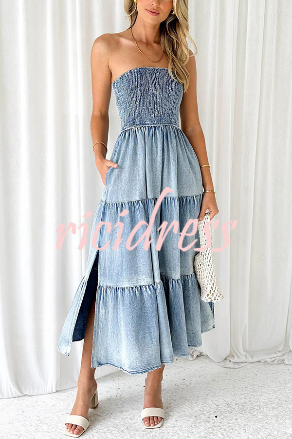 Asmn Off Shoulder Pleated Pocket Paneled Denim Maxi Dress