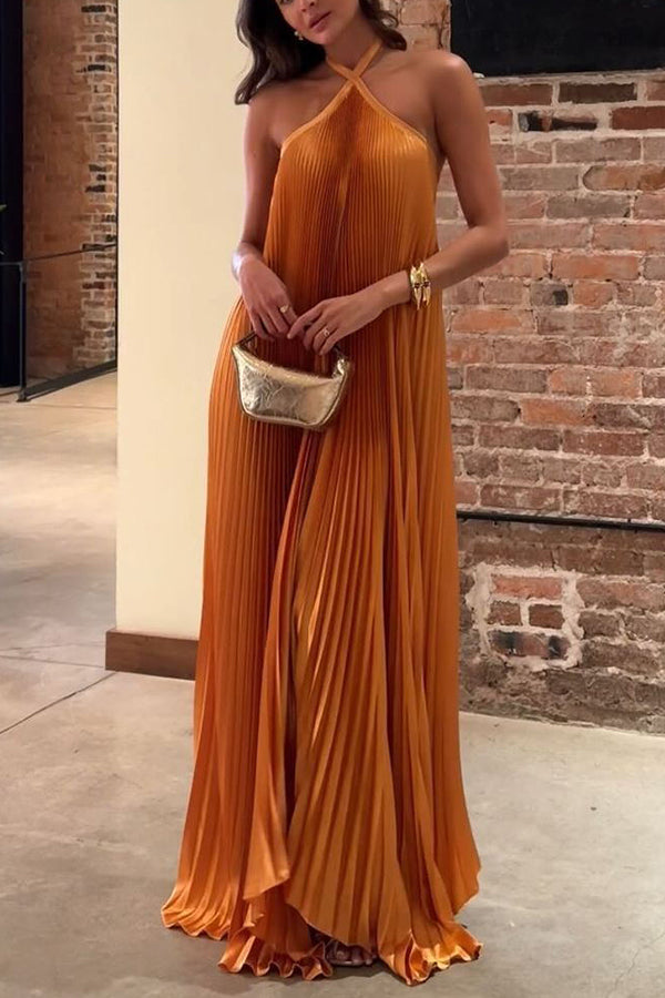 Luxurious Atmosphere Satin Halter Neck Backless A-line Gown Maxi Dress