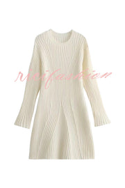 Beautiful Basic Ribbed Knit Long Slit Sleeve Flare Stretch Dress