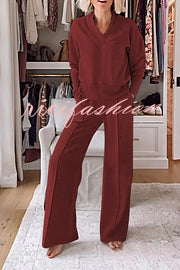 Weather Gets Cold Solid Color V-neck Top and Elastic Waist Pocketed Lounge Pants Set