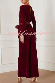 Love One Another Velvet Bow Belted Pocket Cutout Back Loose Jumpsuit