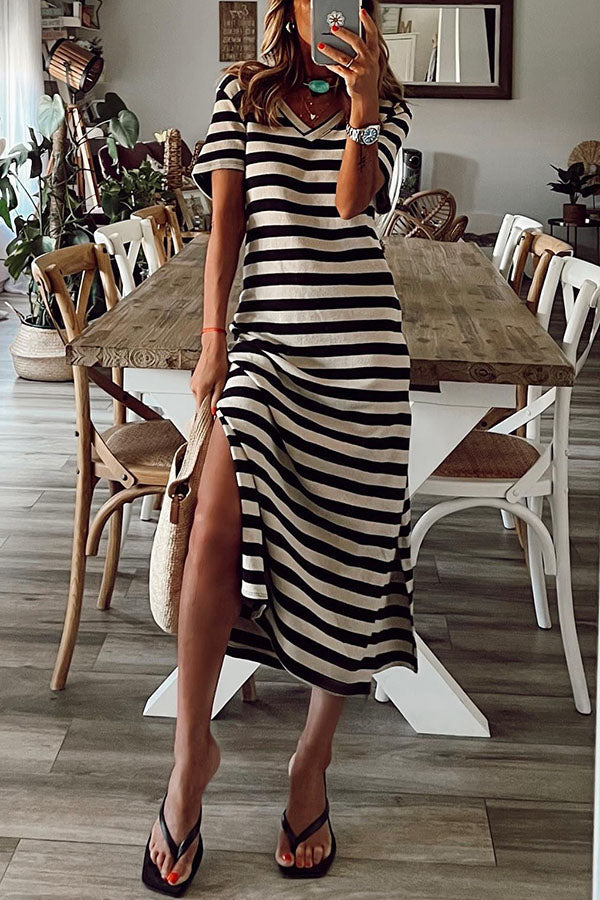 Brilliant Basics Stripe V Neck Casual Midi Dress