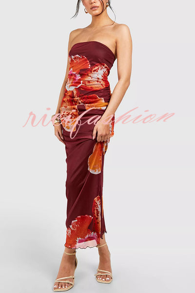 Oh So Sunny Mesh Floral Print Bandeau Stretch Maxi Dress