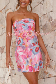 Dreamworld Satin Floral Print Sexy Strapless Backless Mini Dress