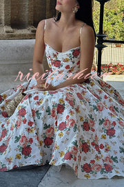 Fairy Tale Gorgeous Italian Rose Print Tulle Pocketed Slip Midi Dress