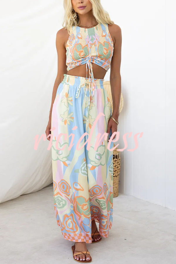 It's Your Vacation Floral Print Elastic Drawstring Waist Pocket Wide Leg Pants