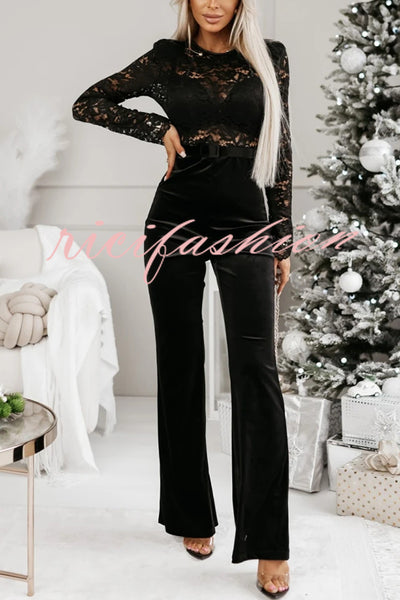 Sonya Lace Velvet Patchwork Long Sleeve Belted Flare Stretch Jumpsuit